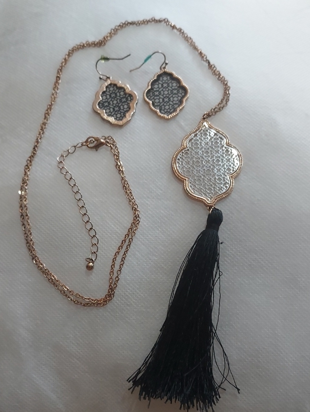 Rose Gold Filigree Pendant Necklace with Black Tassel and Matching Earrings
